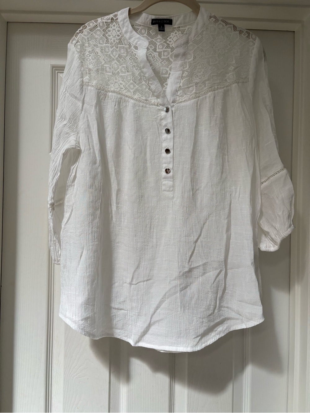 Ava & Grace White Crochet Yoke Tunic Top